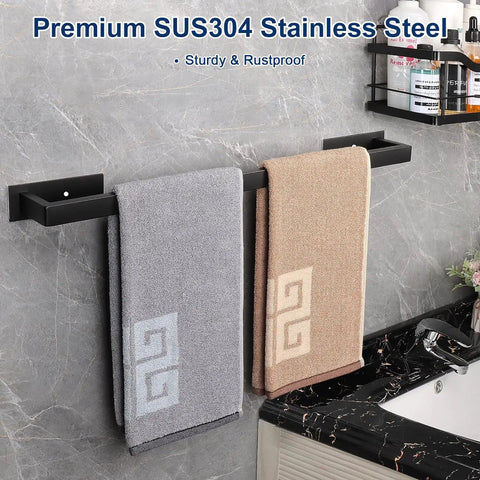 Stick On Stainless Steel Towel Bar 24 Inch Matte Black No Drill Wall Shelf Rack Hang On Towel Holder For Bathrooms And Modern Kitchens Rust Proof Durable Adhesive Base Easy Install Contemporary Style with towels