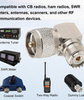 Right Angle UHF Male to Female Adapter Set 2 Pack for CB and Ham Rigs with antenna tuner and SWR meter in background.