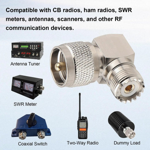 Right Angle UHF Male to Female Adapter Set 2 Pack for CB and Ham Rigs with antenna tuner and SWR meter in background.