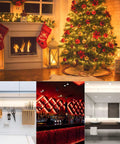 Collage of holiday fireplace, lit kitchen, modern bar, and sleek bathroom setting