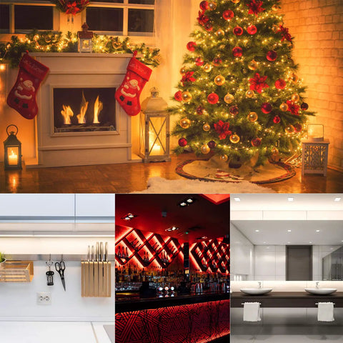 Collage of holiday fireplace, lit kitchen, modern bar, and sleek bathroom setting