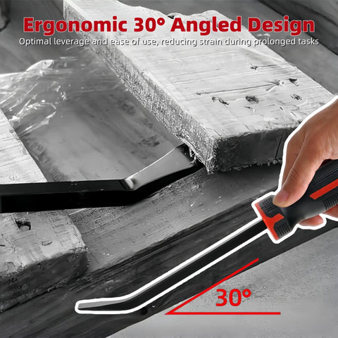 Beefy Heavy Duty Pry Bar Set With Angled And Straight Heads Including 8 Inch, 12 Inch, 18 Inch, And 24 Inch Crowbars, Chrome Vanadium Steel, Striking Cap, ergonomic angled pry bar in use