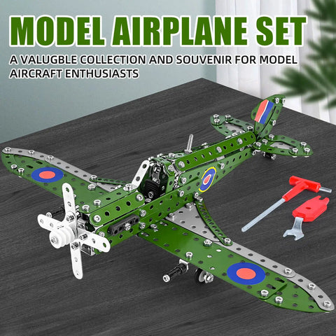 Build Your Own Hurricane Fighter Plane Kit With 331 Metal Parts In 1:32 Scale on display with tools on table.