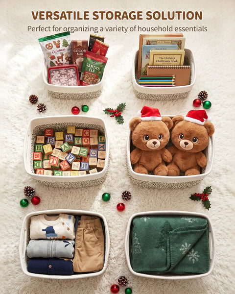Get Your Home Sorted And Level Up Your Organization Game With This Six Piece Foldable Woven Storage Basket Set Perfectly Sized To Tackle Cabinet Clutter Clothes Sorting Toys And Daily Essentials Quick And Easy, organized baskets with toys, books, clothes, and blankets.