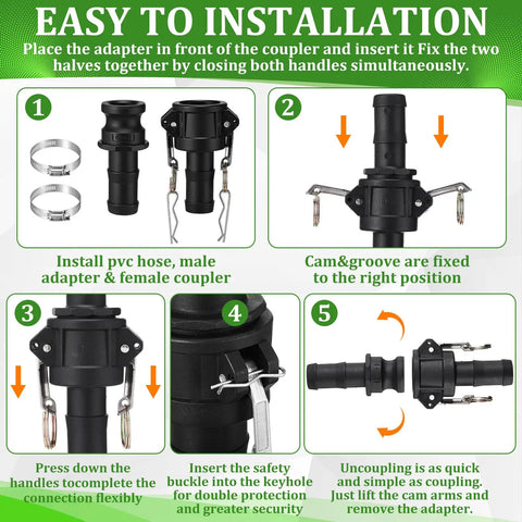 Easy installation steps for 2 Set Type C And E 1 Inch Camlock Fittings Kit Polypropylene Cam And Groove Hose Fittings Kit