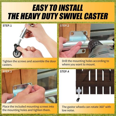 Installation steps for 2 Inch Spring Loaded Gate Wheels Heavy Duty Swivel Caster With Retractable Casters for garden gate.