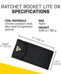 Ratchet Rocket Lite DX Bike Multitool With 16 Functions shown in black nylon bag with specifications