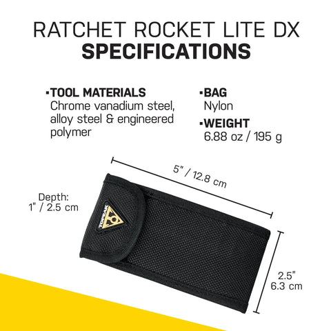 Ratchet Rocket Lite DX Bike Multitool With 16 Functions shown in black nylon bag with specifications