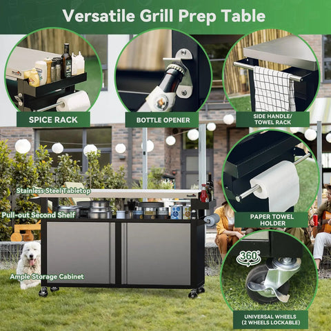 Rolling Outdoor Kitchen Island With Stainless Steel Table Top, BBQ Grill Cart, featuring double door storage cabinet and pull out shelf