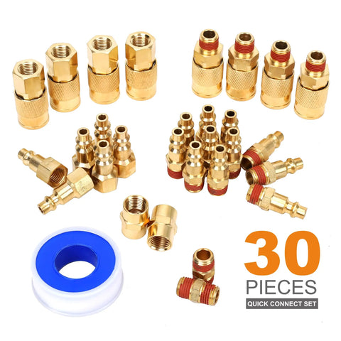 Solid Brass Air Fittings Kit With One Quarter Inch NPT Couplers And Plugs, Thirty Piece Industrial Quick Connector Set, leak proof