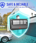 Universal Garage Door Opener Remote With Visor Clip Two Pack for LiftMaster Chamberlain Craftsman Door Openers in front of garage