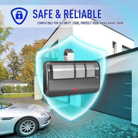 Universal Garage Door Opener Remote With Visor Clip Two Pack for LiftMaster Chamberlain Craftsman Door Openers in front of garage