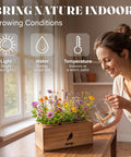Woman watering a Wildflower Seed Mix Growing Kit with Perennial and Annual Flowers in a wooden box on indoor windowsill.