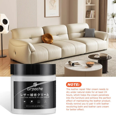 Heavy Duty Leather Filler And Repair Paste 4.5 Oz Quick Fix Compound on a stylish living room table beside a modern leather couch.