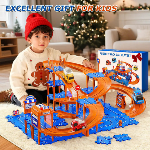 Fun-Filled 96 Piece Puzzle Track Car Set With 4 Tier Race Tracks For Tots And Kids 3 4 5 6 Years Old Includes cars and road signs