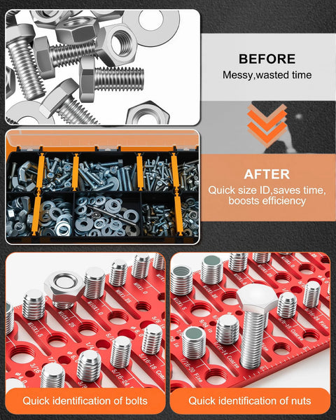 57-piece nut and bolt thread checker set, front view, with standard/metric gauges and wall-mount holder.