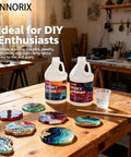 Crystal Clear Epoxy Resin Kit 1 Gallon Self Leveling UV Resistant Rapid Cure For DIY Projects River Tables Woodworking Art Molds Casting Jewelry And Crafts For Beginners And Pros on a table with colorful coasters
