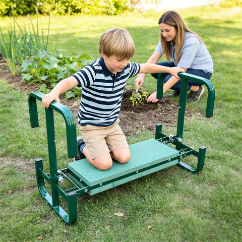 Child using Adjustable Garden Kneeler Bench Folding Seat With 400 Lb Capacity Dual Function Stool Wide Padded Kneeling Pad Portable Green Garden Stool