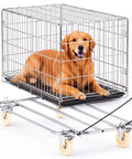 Heavy Duty Dog Crate Dolly With Rollin Wheels And Polished Chrome Casters 42 By 24 Inch Mobile Pet Transport Cart For K9 Kennels with golden retriever inside.