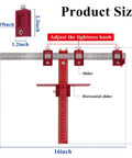 All In One Cabinet Hardware Jig For Handles And Knobs Inch And Metric Drill Guide dimensions and features shown in red.