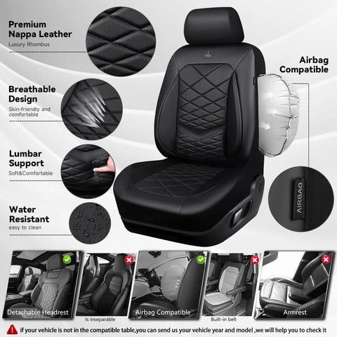 All Black Premium Nappa Leather Front Seat Covers With 3D Foam Waterproof And Breathable Lumbar Support Airbag Compatible