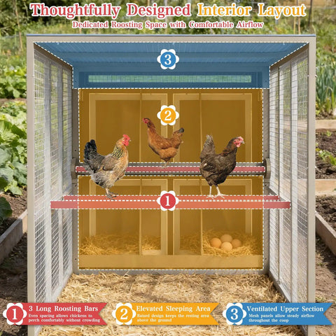 Interior view of large outdoor chicken coop with run for 6 to 8 chickens, showing roosting bars and two-tier side nesting boxes.