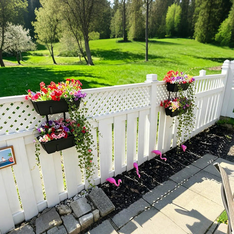 Level Up Your Porch Decor With This Ace Two Tier Railing Planter Box Set Black Window Boxes For Balcony Deck Garden Adjustable No Drill Clamp Rock Solid Iron Frame Easy Install Vibe with vibrant flowers on a white fence.
