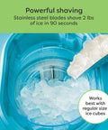Vintage Cart Shaved Ice Machine Slushie Maker With Stainless Blades showing steel blades shaving ice cubes quickly inside a clear container.