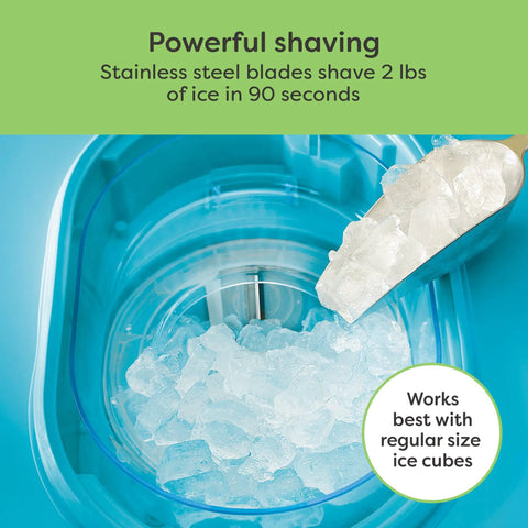 Vintage Cart Shaved Ice Machine Slushie Maker With Stainless Blades showing steel blades shaving ice cubes quickly inside a clear container.