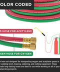 Close-up of 50 Foot Oxygen And Acetylene Welding Hose Set With Twin One Quarter Inch B Fittings, color-coded red and green hoses.