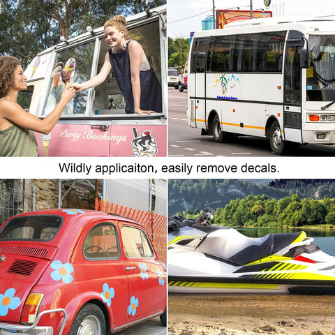 Decal Remover Wheel Kit Pro Grade For Cars And More used on vehicles including a van, bus, car, and jet ski for decal removal.