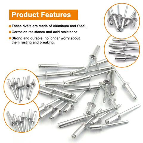 100 Piece Aluminum Blind Rivets Kit Pro Grade Pop Rivets Assortment With 3/16 Inch Diameter displayed on white surface