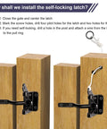 Heavy Duty Corner Gate Brace Kit for Wooden Fences with self-locking latch installation steps on illustrated wood model