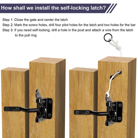 Heavy Duty Corner Gate Brace Kit for Wooden Fences with self-locking latch installation steps on illustrated wood model