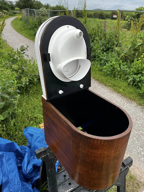 Urine Diverter for Composting Toilets, Complete Wrap Around Separator for DIY Buckets outdoor setup with wooden enclosure