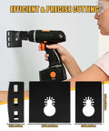 Square slot drywall cutter set with stainless steel blades, shown with cordless drill and two black outlet templates.