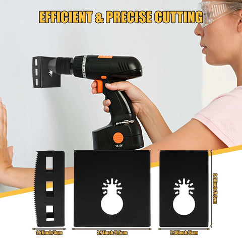 Square slot drywall cutter set with stainless steel blades, shown with cordless drill and two black outlet templates.