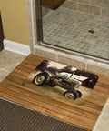 Thick Soft Absorbent Old Tractor Photo Farm Bath Rug With Non Slip Backing in bathroom on wood mat next to shower