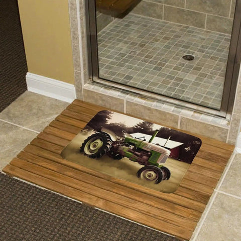 Thick Soft Absorbent Old Tractor Photo Farm Bath Rug With Non Slip Backing in bathroom on wood mat next to shower