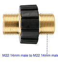 Brass M22 to M22 male hose adapter with black plastic grip, side view
