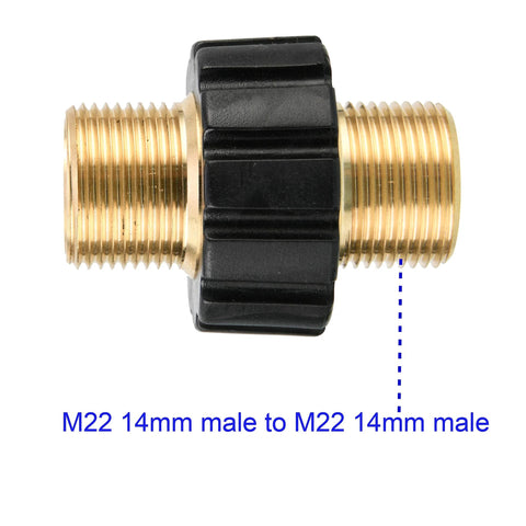 Brass M22 to M22 male hose adapter with black plastic grip, side view