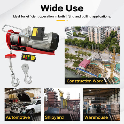 Front view of red electric hoist with steel wire rope, wireless remote control, and dual-hook sling.