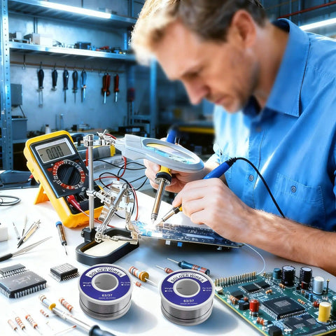 Easy Melt Rosin Solder Wire 63 37 Lead Tin for electronics repair on workbench with 100g spool and circuit board