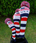 US Flag Knit Pom Pom Three Wood Fairway Head Cover With Long Neck Sock Double Strength Knit Machine Washable Compatible With Callaway Mizuno Cobra Taylormade Golf Clubs