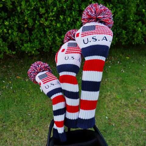 US Flag Knit Pom Pom Three Wood Fairway Head Cover With Long Neck Sock Double Strength Knit Machine Washable Compatible With Callaway Mizuno Cobra Taylormade Golf Clubs