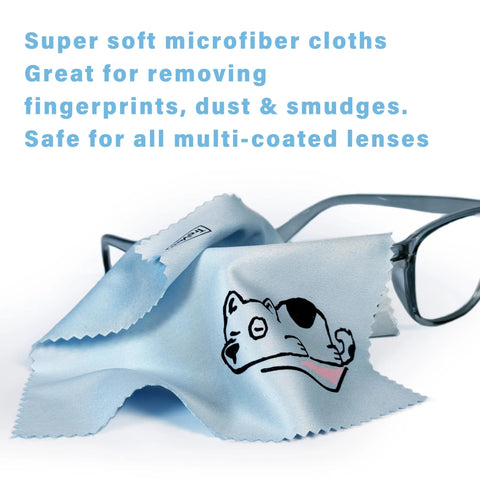 TreVee microfiber cleaning cloths, light blue with a cartoon dog face; eyeglasses nearby, 6x6 inches, 10-pack