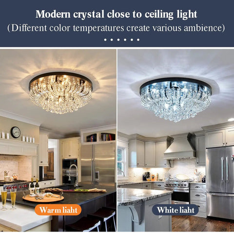 9 Light Crystal Modern Flush Mount Ceiling Light Fixtures In Black Dope Luxury Large Chandeliers Style illustrating warm and white light settings in kitchen