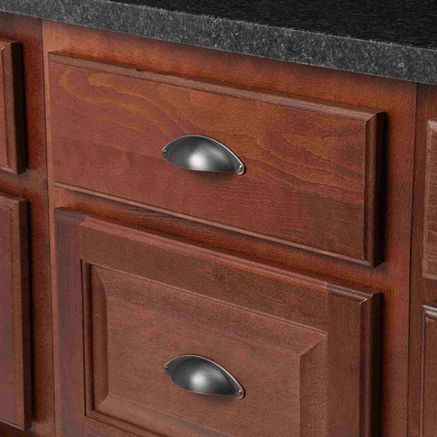 Oil Rubbed Bronze Cup Pulls 3 Inch Center To Center Cabinet Hardware Pack Of 5 with mounting hardware installed on wooden drawers