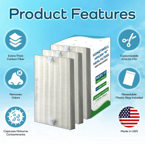 Replacement Air Filters For Honeywell HPA300 HPA200 HPA100 Series True HEPA Filter Set with product features illustration