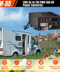 Dang Tough 55 Amp RV Power Converter with 110V AC to 12V DC in front of a camper, showcasing installation and functionality.